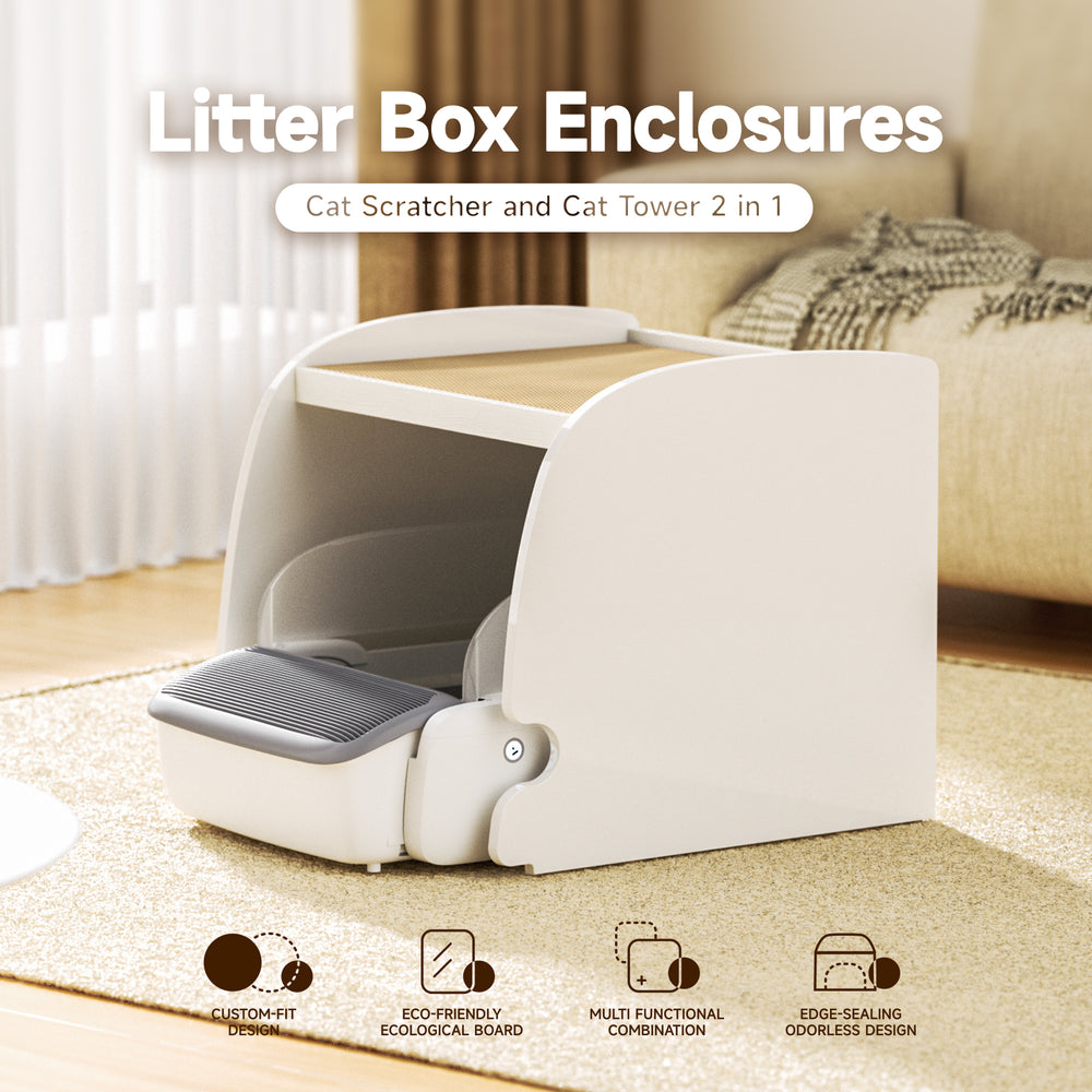 MagicScoop Litter Box Enclosure & Cat Scratcher Tower 2 in 1, Custom-fit Design, Multi-Functional/Lightweight/Edge-Sealing for Odorless, Cat Beds & Furniture